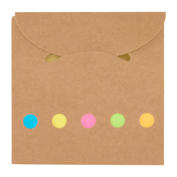 Stationary Essentials Pack - A brown envelope featuring five colourful dots in blue, pink, green, and yellow. It has a logo on the front.