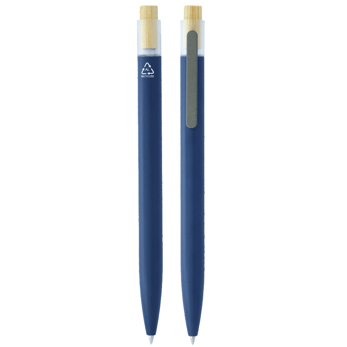Lifestyle Essentials Pack - A navy blue recycled aluminium pen features a bamboo clicker and a clip, showcasing an eco-friendly design.