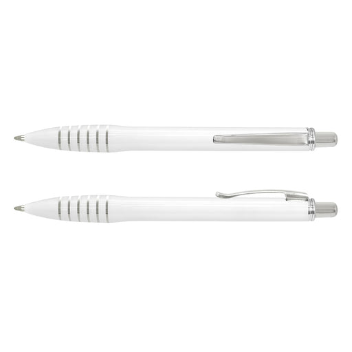 Vulcan Pen - A plastic pen in white with silver accents and a clip, featuring a sleek, modern design.