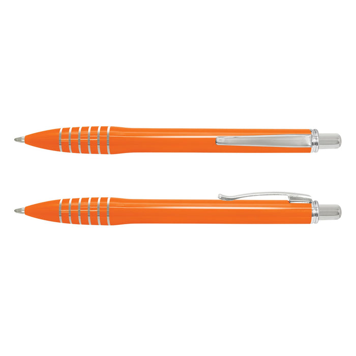 Vulcan Pen - An orange plastic pen with silver accents and a sleek design, featuring a clip and decorative rings.