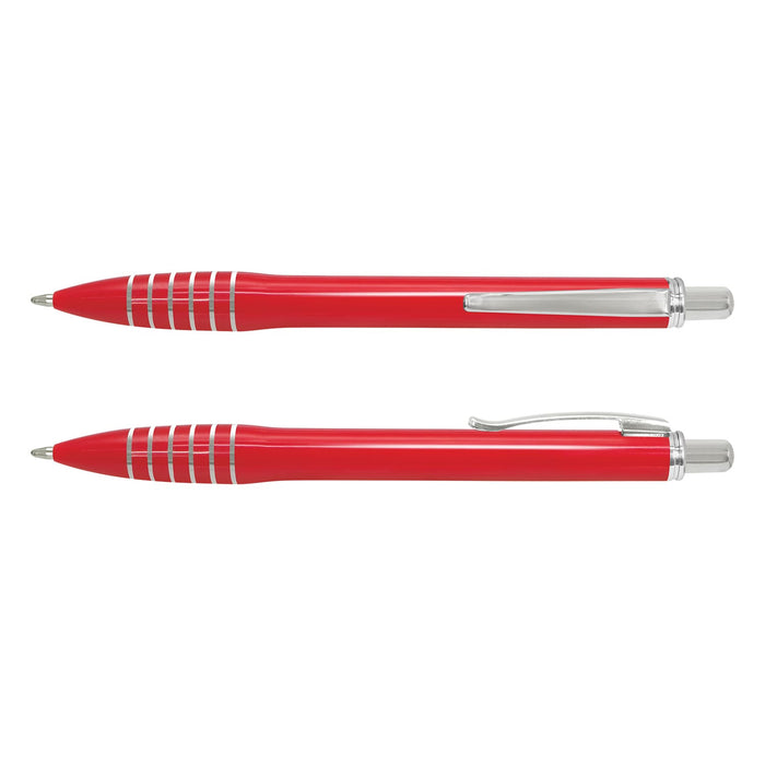 Vulcan Pen - A metal pen in vibrant red with silver accents and a logo, featuring a sleek design and retractable tip.