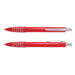 Vulcan Pen - A metal pen in vibrant red with silver accents and a logo, featuring a sleek design and retractable tip.