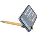 Delfina Phone Holder Pen - A bamboo pen with a green tip holds a smartphone at an angle, featuring various app icons on the screen.
