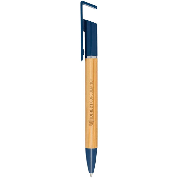 Delfina Phone Holder Pen - A bamboo pen with a blue clip and a logo, featuring a sleek design suitable for promotional use.