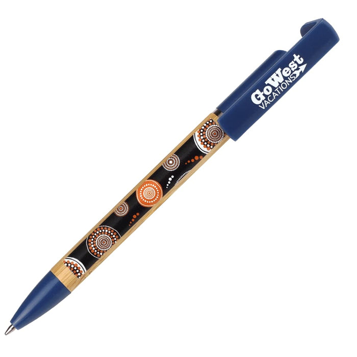 Delfina Phone Holder Pen - A pen with a blue top and barrel featuring Aboriginal-inspired designs in earthy tones, with a logo on the side.