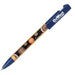 Delfina Phone Holder Pen - A pen with a blue top and barrel featuring Aboriginal-inspired designs in earthy tones, with a logo on the side.