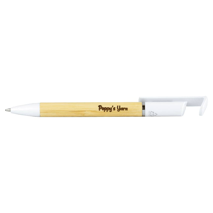 Delfina Phone Holder Pen - A bamboo pen with a white tip and clip, featuring a logo on the barrel.