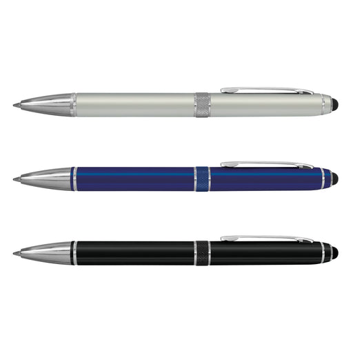 Antares Stylus Pen - A set of three stylus pens in silver, blue, and black, each featuring a metallic finish and a clip.