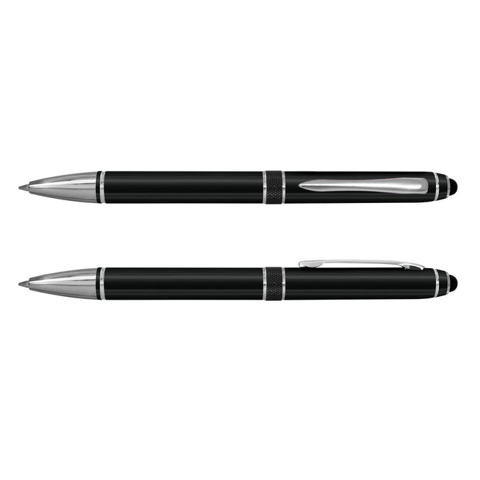 Antares Stylus Pen - A black stylus pen with a sleek design and silver accents. It features a removable cap for the writing tip.