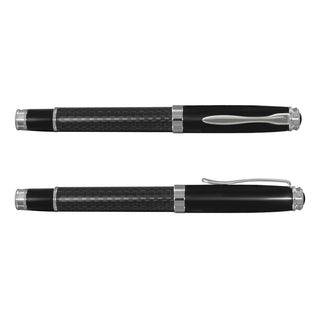 Statesman Rolling Ball Pen - A sleek black rolling ball pen with a carbon fibre grip and chrome accents, featuring a polished clip and branding.