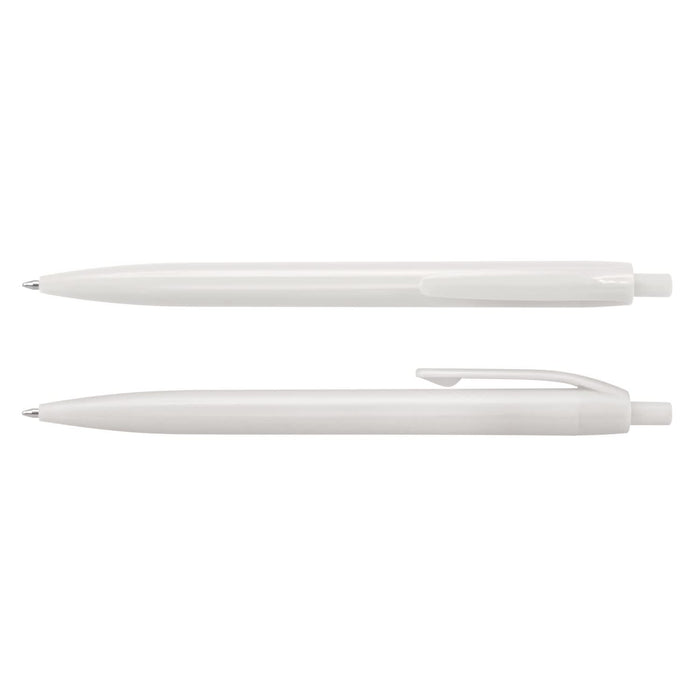 Omega Pen - A plastic pen in white, featuring a smooth body and a clip for easy attachment. Includes a logo.