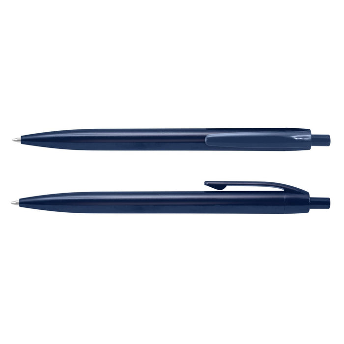 Omega Pen - Two navy blue plastic pens are displayed, one with a cap and one without, featuring a logo.