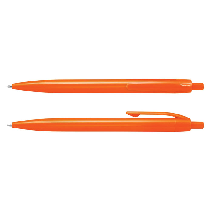 Omega Pen - Two orange plastic pens are displayed side by side, featuring a smooth design and a clip on each.