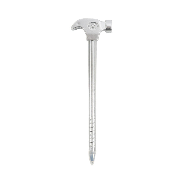 Hammer Shape Ballpoint Pen - A hammer-shaped ballpoint pen in silver, resembling a tool with a detailed handle and a pen tip.