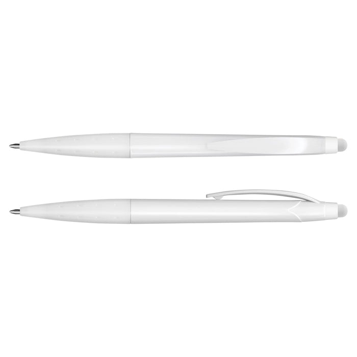 Spark Stylus Pen - A white stylus pen featuring a sleek design and a logo, ideal for writing and touchscreen use.