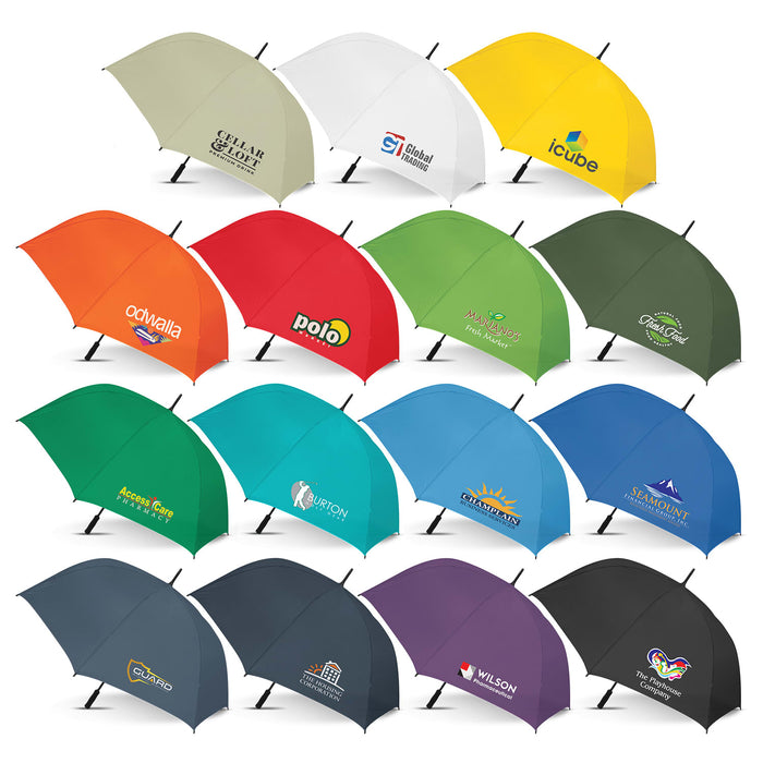 Hydra Sports Umbrella -  Colour Match - A collection of 15 umbrellas in various colours, each featuring different logos and branding on the canopies.