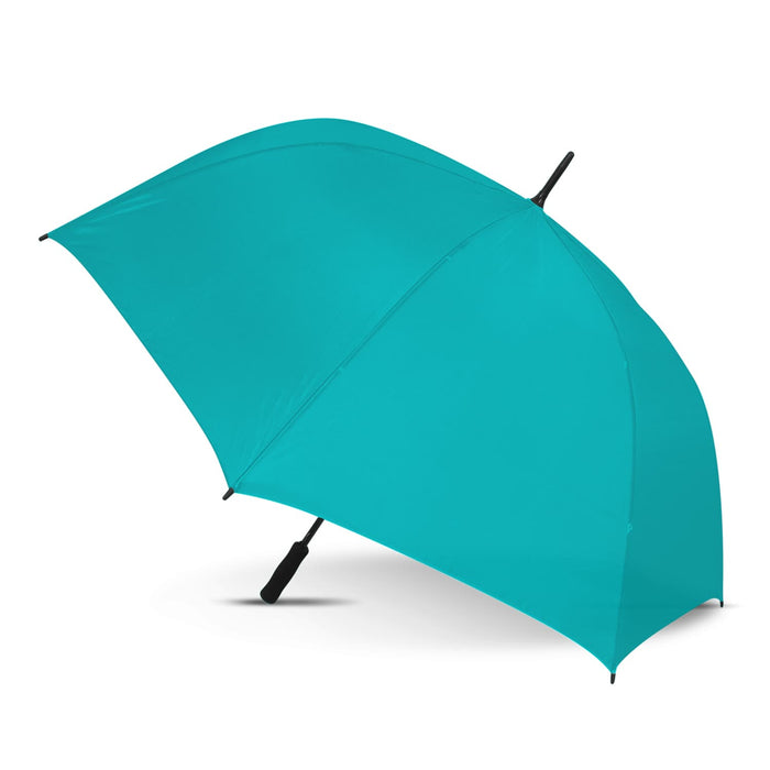 Hydra Sports Umbrella -  Colour Match - A teal sports umbrella with a black handle and a curved top for enhanced coverage. It features a branding logo.