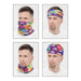 Sherpa Headwear - A collection of four images featuring a multi-functional headwear in vibrant colours and patterns, including purple, green, and orange.