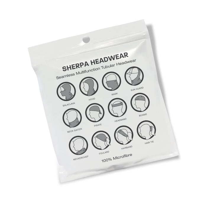 Sherpa Headwear - A pack of multifunctional headwear in various styles, featuring a white bag with illustrations and a logo.