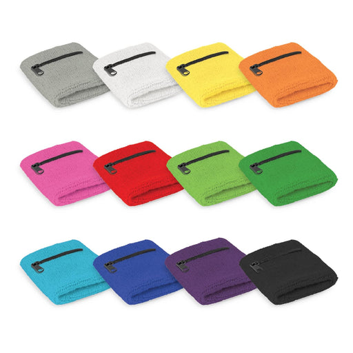 Wrist Sweat Band with Pocket - Wrist sweat bands in various colours including grey, white, yellow, orange, pink, red, green, blue, purple, and black, each with a pocket.