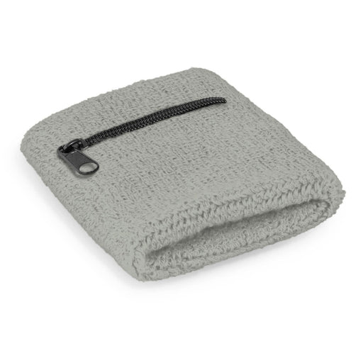 Wrist Sweat Band with Pocket - A grey wrist sweat band with a zippered pocket, featuring a textured surface and a simple design.
