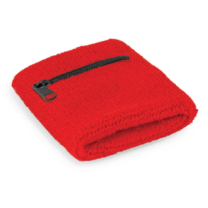 Wrist Sweat Band with Pocket - A red wrist sweat band with a zippered pocket for small items. It has a textured knit design and includes a logo.