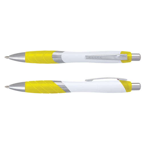 Borg Pen - White Barrel - A pen with a white barrel and yellow grip, featuring a silver clip and tip.
