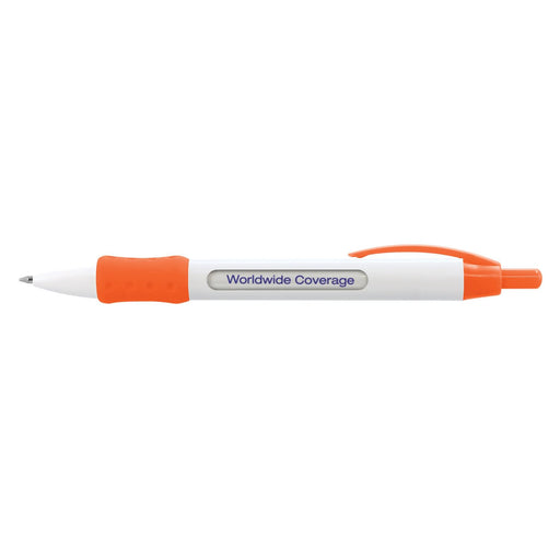 Atara Message Pen - A plastic pen featuring an orange grip and clip, with the text "Worldwide Coverage" printed on the barrel.
