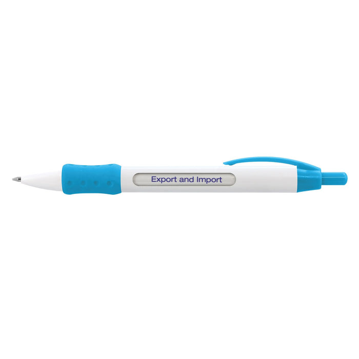 Atara Message Pen - A plastic pen featuring a blue grip and click mechanism, with the text "Export and Import" printed on the barrel.