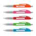 Spin Message Pen - Five plastic pens with silver barrels and colourful grips: orange, pink, green, and blue. Each has a logo.