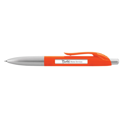 Spin Message Pen - An orange plastic pen with a silver clip and a visible section for messaging. It features a logo.