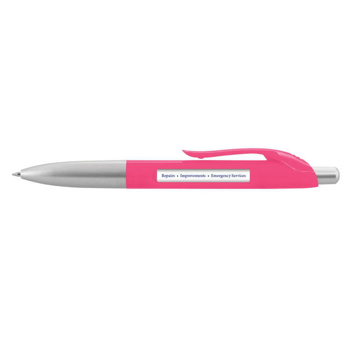 Spin Message Pen - A pink plastic pen with a silver barrel and a clip, featuring a branding logo on the body.