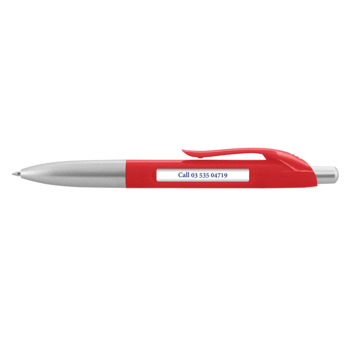 Spin Message Pen - A plastic pen with a red body and silver accents, featuring a clear window displaying a contact number.