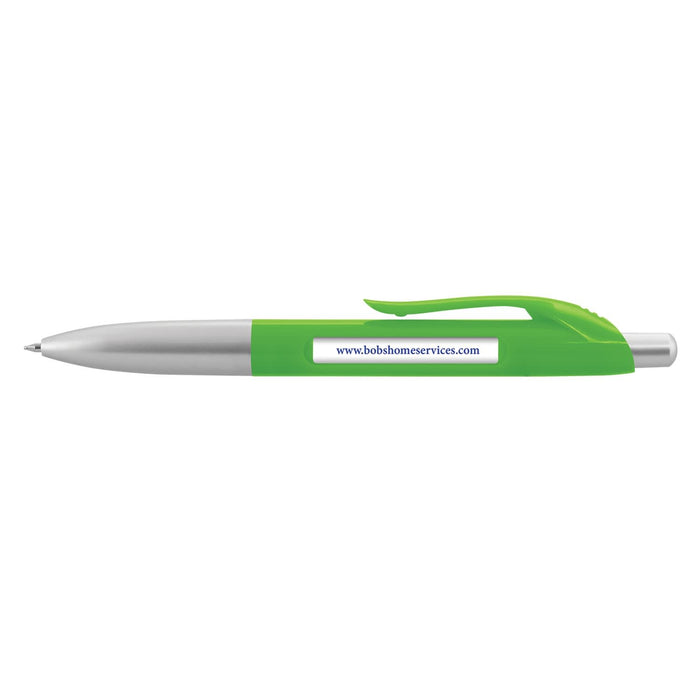 Spin Message Pen - A green plastic pen with a silver clip and tip, featuring a printed website URL on the barrel.