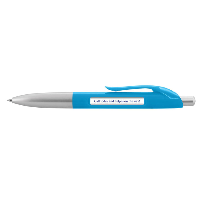 Spin Message Pen - A Spin Message Pen in blue and silver, featuring a message that reads "Call today and help is on the way!"