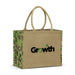 Torino Jute Tote Bag - A jute tote bag with green and natural hues, featuring a logo and patterned sides.