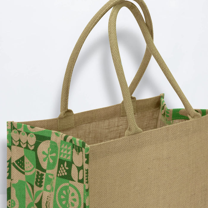 Torino Jute Tote Bag - A jute tote bag in natural brown with a vibrant green patterned design and two sturdy handles.