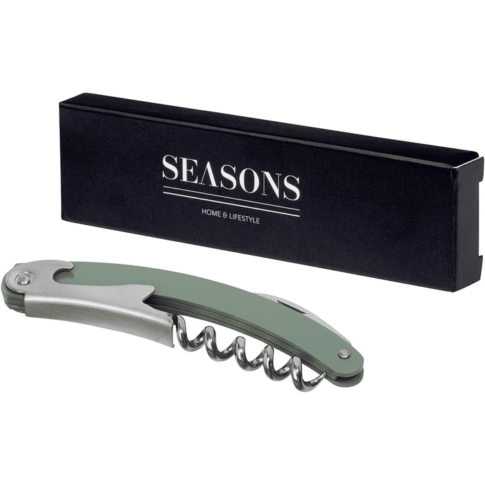 Seasons Nordkapp Waitress Knife - A green and silver waitress knife with a corkscrew, presented in a black box featuring a logo.