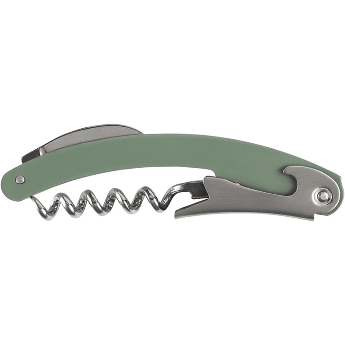 Seasons Nordkapp Waitress Knife - A green waitress knife with a stainless steel corkscrew and a bottle opener. It features a curved handle design.