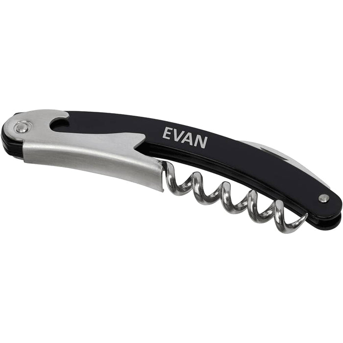 Seasons Nordkapp Waitress Knife - A black and silver waitress knife with a corkscrew and a folding design, featuring a logo.