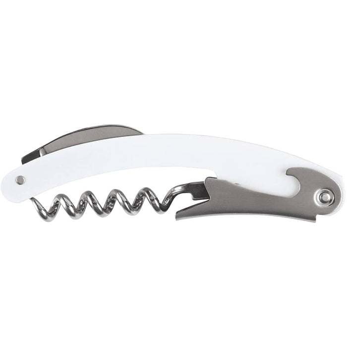 Seasons Nordkapp Waitress Knife - A white waitress knife with a silver corkscrew and a built-in bottle opener. It features a sleek design and logo.