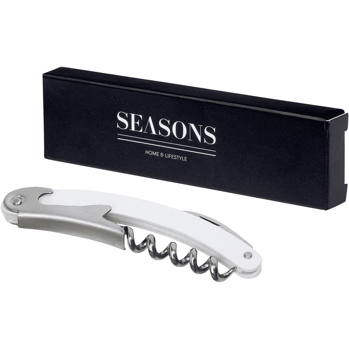 Seasons Nordkapp Waitress Knife - A waiter’s knife with a stainless steel corkscrew and a white handle, accompanied by a black box featuring a logo.