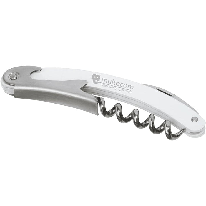 Seasons Nordkapp Waitress Knife - A white and silver waitress knife with a corkscrew and a bottle opener. Includes branding.