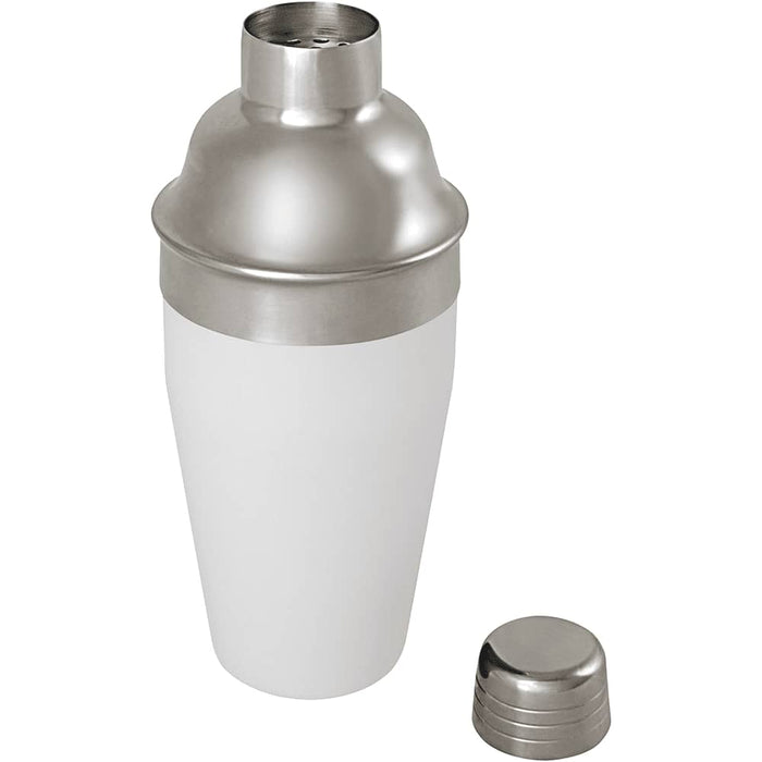 Seasons Gaudie Recycled Stainless Steel Cocktail Shaker - A stainless steel cocktail shaker with a matte white body and a shiny silver lid, featuring a logo.