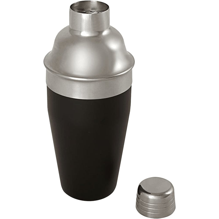 Seasons Gaudie Recycled Stainless Steel Cocktail Shaker - A stainless steel cocktail shaker with a black body and silver top, featuring a lid and a removable cap.