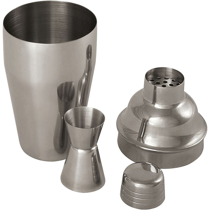 Seasons Gaudie Recycled Stainless Steel Cocktail Shaker - A stainless steel cocktail shaker set featuring a shaker, jigger, strainer, and lid, all in a sleek metallic finish.