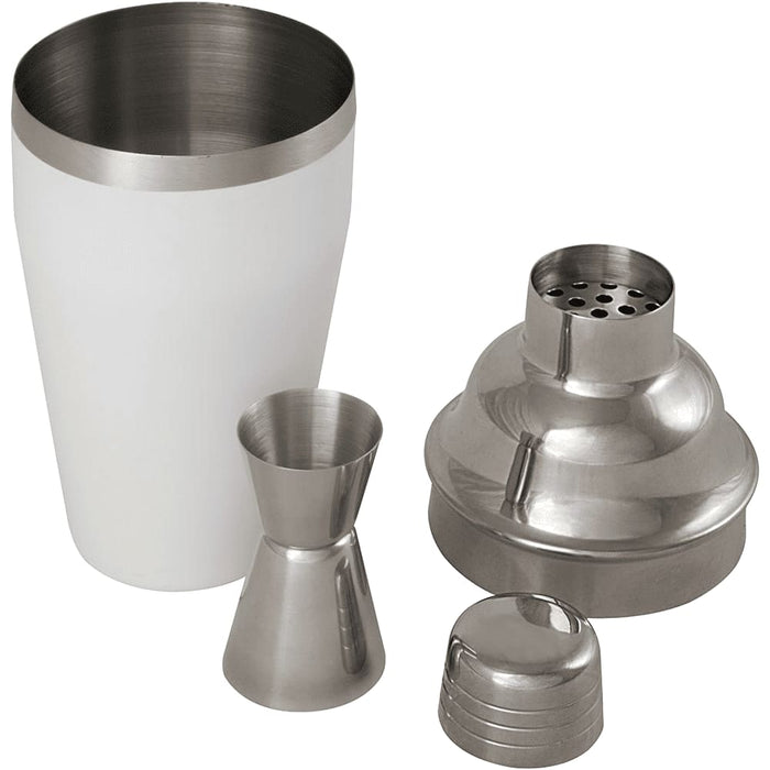 Seasons Gaudie Recycled Stainless Steel Cocktail Shaker - A stainless steel cocktail shaker set featuring a white shaker, jigger, strainer, and lid. Includes a logo.