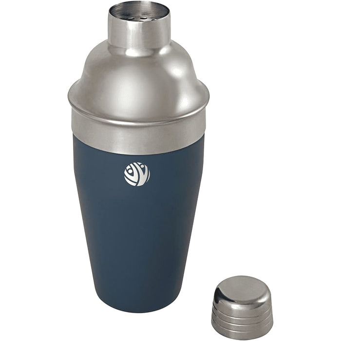 Seasons Gaudie Recycled Stainless Steel Cocktail Shaker - A stainless steel cocktail shaker in dark blue with a metallic cap, featuring a logo.