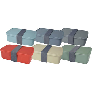 Seasons Dovi 800 ml Lunch Box - A set of five lunch boxes in various colours: red, light blue, grey, beige, and green, each with a grey strap.
