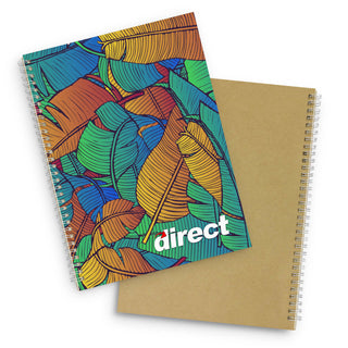 Lancia Full Colour Notebook - Large - A large, spiral-bound notebook featuring a vibrant leaf pattern and a plain brown cover on the reverse side.